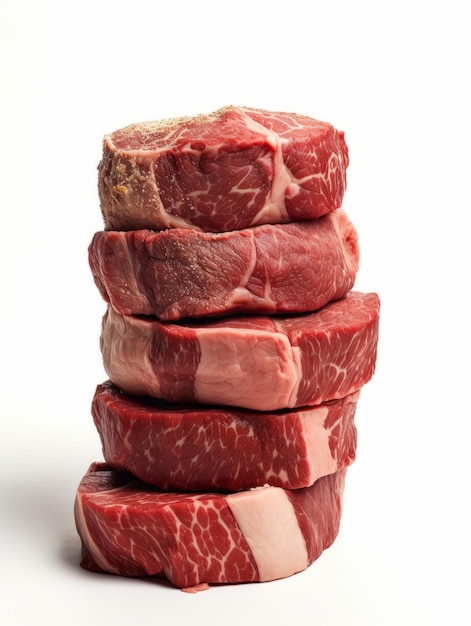 raw beef steaks stacked on a white background