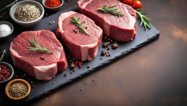 Raw beef steaks with spices and herbs On a rustic background