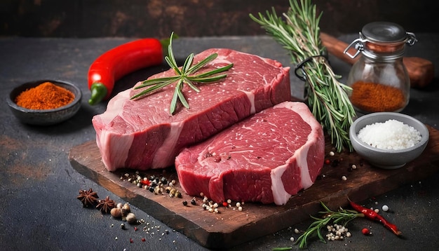 Raw beef steaks with spices and herbs On a rustic background