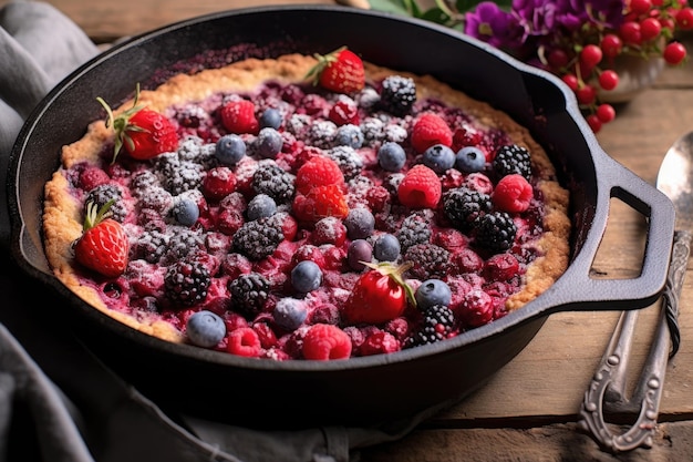 Raw berry cobbler ready for baking in a cast iron skillet created with generative ai