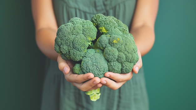 Raw broccoli in hand Vegeterian food or diet concept