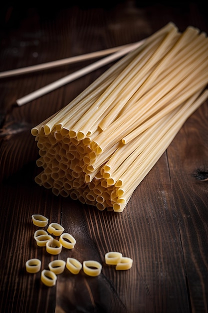 Photo raw bucatini pasta on dark wooden background