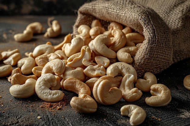 Raw cashews nuts in bag on dark background