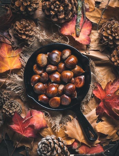 Photo raw chestnuts in a small iron pan on a table with autumn leaves and pine cones