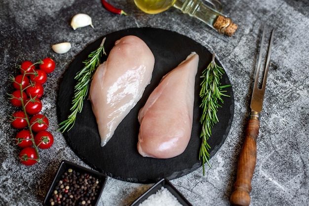 테이블에 로즈마리와 마늘이 있는 검은 돌판에 생 닭고기.