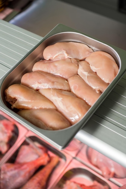 Raw chicken breast in a deep iron platter