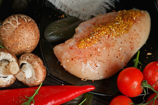 Raw chicken breast fillet with cherry tomatoes, pepper and mushrooms covered with spices for cooking on dark wooden table, closeup