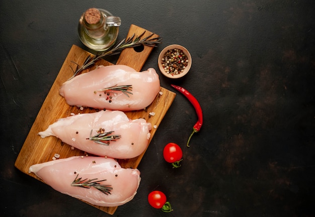 Raw chicken breast fillets, ready for cooking on a wooden cutting board with spices.