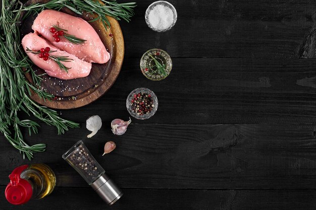 Raw chicken breast fillets on wooden cutting board with herbs and spices on a black wooden background. Top view with copy space. Still life. Flat lay