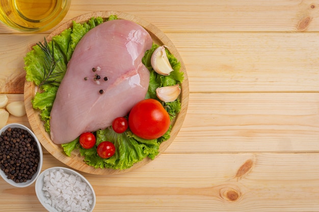 Raw chicken breast on the wooden surface.