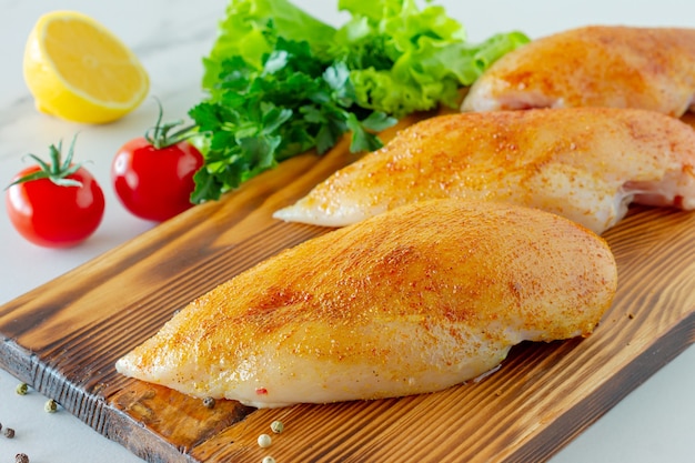 Raw chicken breasts with parsley and tomatoes ready for cooking.