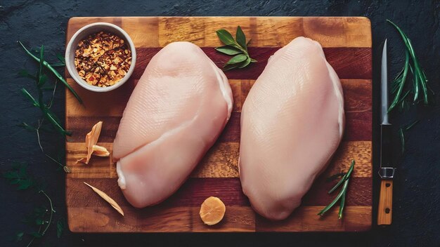 Raw chicken breasts on wooden cutting board
