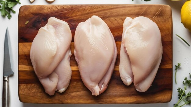 Raw chicken breasts on wooden cutting board