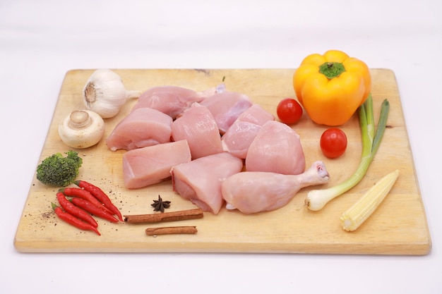 Photo raw chicken on a cutter board with vegetables and spices