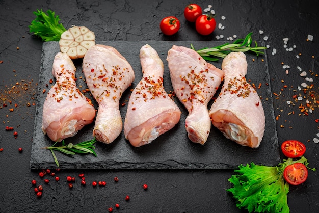 Raw chicken drumsticks with spices and vegetables