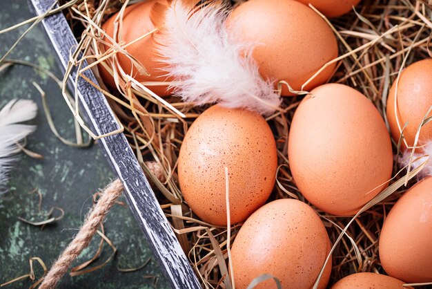 Raw chicken eggs in box