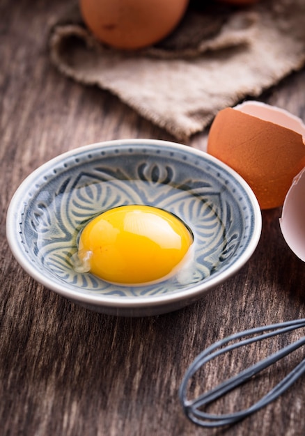 Raw chicken eggs and whisk