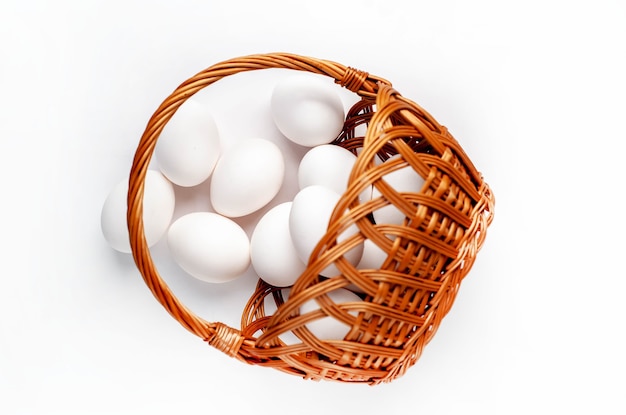 Raw chicken eggs on a wicker basket