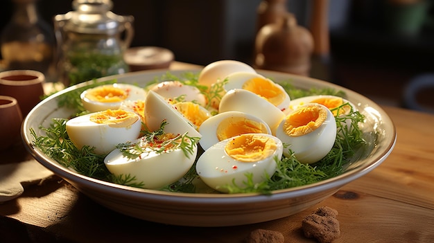 raw chicken eggs on wooden tray closeup