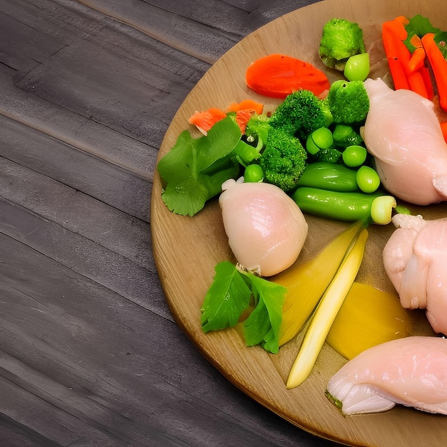 Raw chicken fillet on plate with fresh vegetables