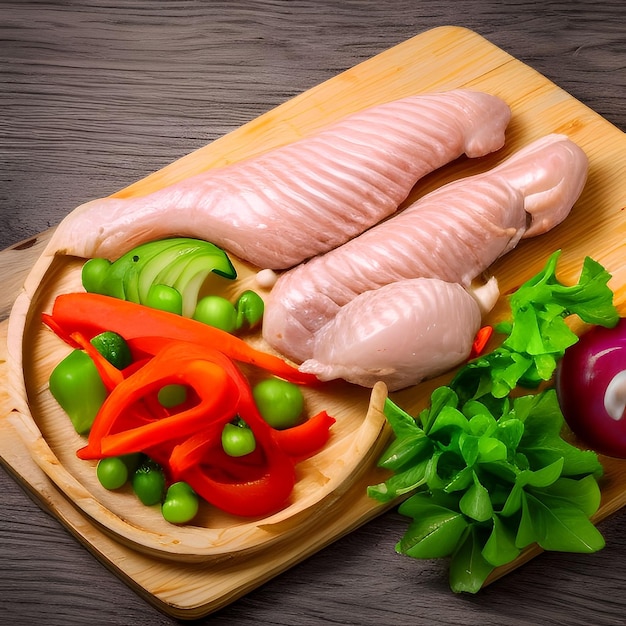 Raw chicken fillet on plate with fresh vegetables.