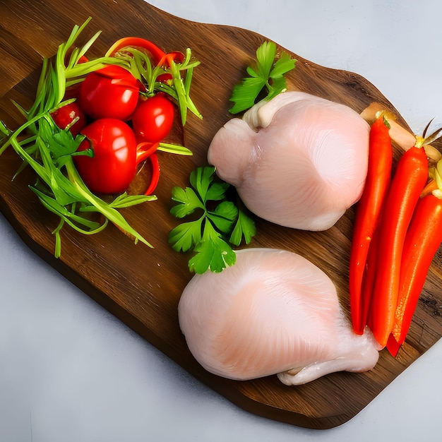 Raw chicken fillet on plate with fresh vegetables.