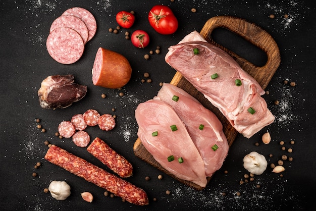 Raw chicken fillet and pork meat on a black table