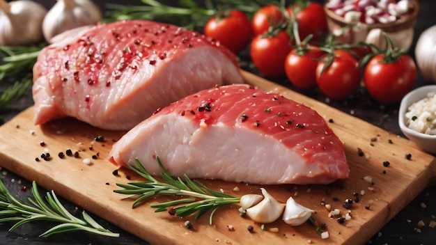 Raw chicken fillet with garlic pepper and rosemary on wooden on chopping board