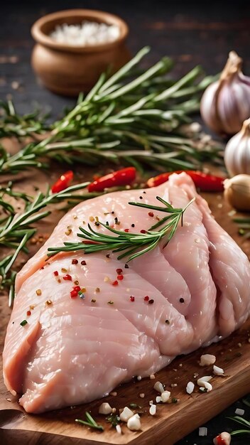 Raw chicken fillet with garlic pepper and rosemary on wooden on chopping board