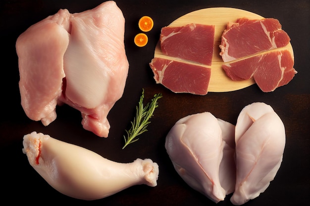 Photo raw chicken fillet with ingredients for cooking on dark background top view generative ai