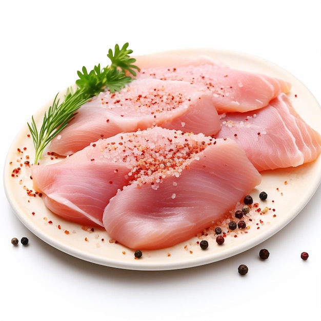 Raw chicken fillet with pepper grains on white background