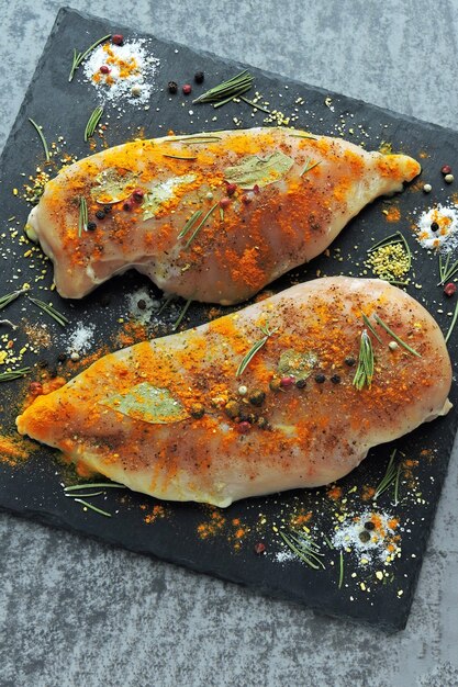 Raw chicken fillets marinated in curry and spices on a stone board