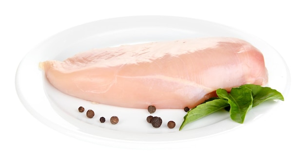 Raw chicken fillets on white plate isolated on white