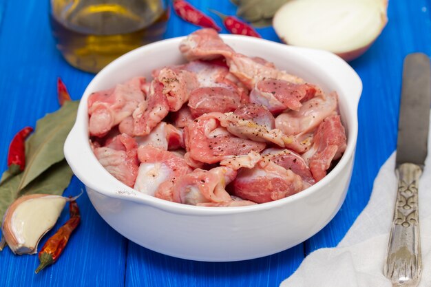 Raw chicken gizzards on white bowl