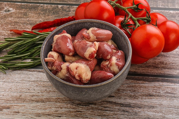 Raw chicken hearts for cooking