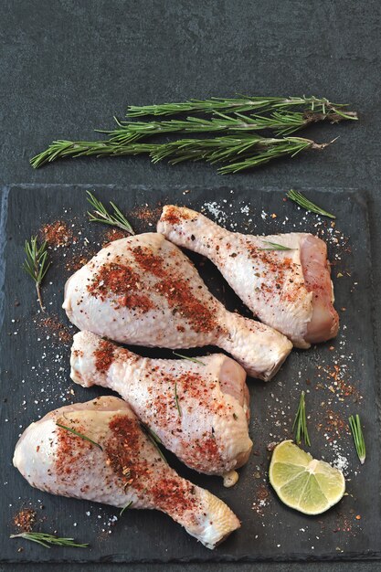 Raw chicken legs marinated in spices on a stone board.