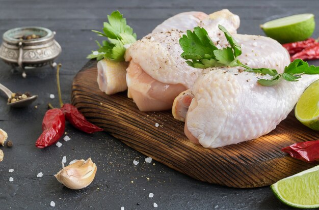 Raw chicken legs with spices. ingredients for cooking.