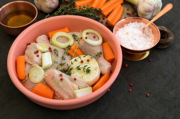 Raw chicken in the marinade with spices