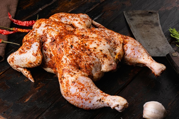 Raw chicken marinated with thyme set, on old dark  wooden table background