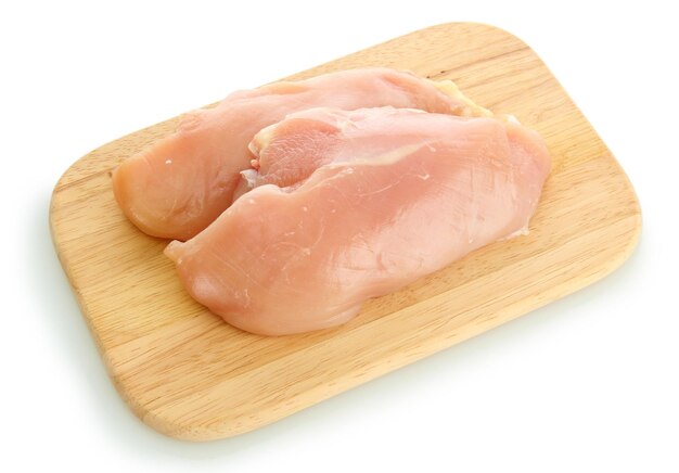 Raw chicken meat on cutting board isolated on white