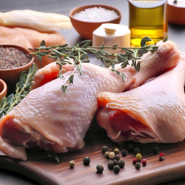 Raw chicken meat legs with spices herbs and olive oil on wooden table