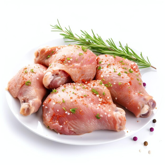 a raw chicken meat legs with spices and herbs studio light isolated on white background