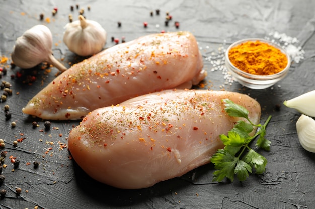 Raw chicken meat and spices on black, close up. Cooking chicken