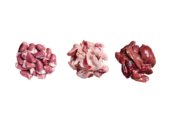 Raw chicken offals liver hearts gizzards Stomach meat set Isolated on white background