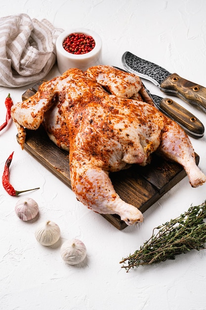 Raw chicken tabaka ready for cooking with ingredients set, on white stone table background