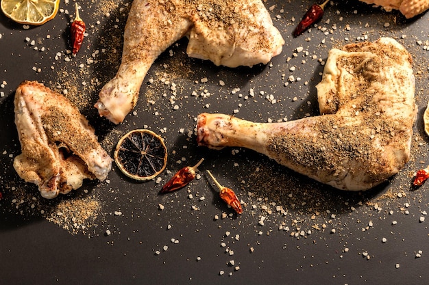 Raw chicken thighs with spices. A useful ingredient for preparing healthy food. Black stone background, trendy hard light, dark shadow, top view