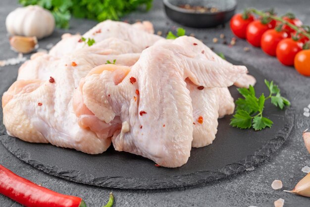 Raw chicken wings with fresh herbs spices for cooking on a dark concrete background Close up