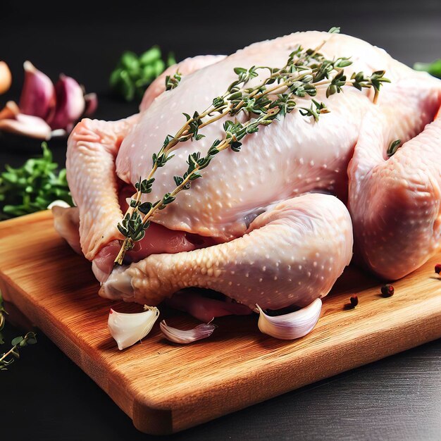 Raw chicken with herbs on a wooden board on black table