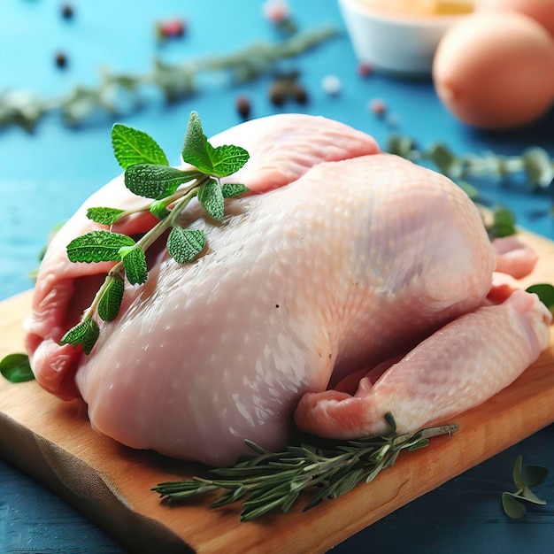 Raw chicken with herbs on a wooden board on blue table