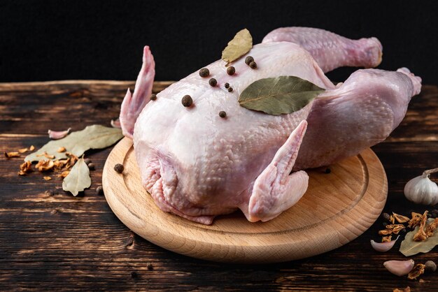 Pollo crudo con spezie su tavola di legno su fondo di legno scuro.